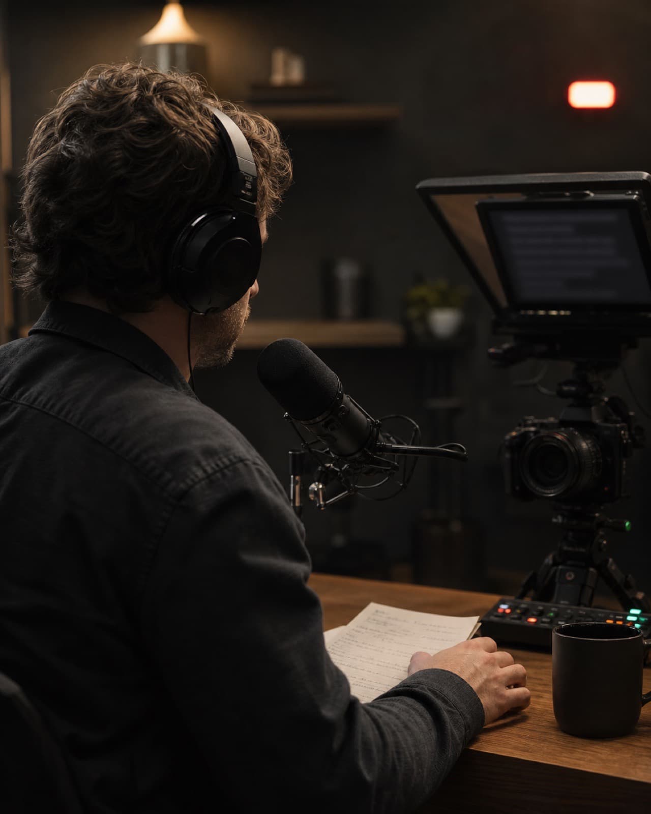 Creator at a microphone with cue notes, camera, teleprompter, and a red tally light